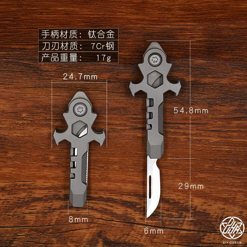 Norvo | Titanium Multi-Verktøy Nøkkelring: Mini EDC Gadget med Korkåpner & Boks Cutter