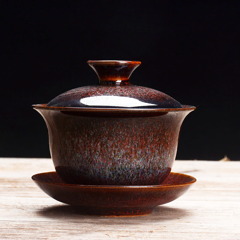 Norvo | Vintage Brennovn Keramisk Gaiwan Sancai Tekopp Tekopp og Tallerken med Lokk