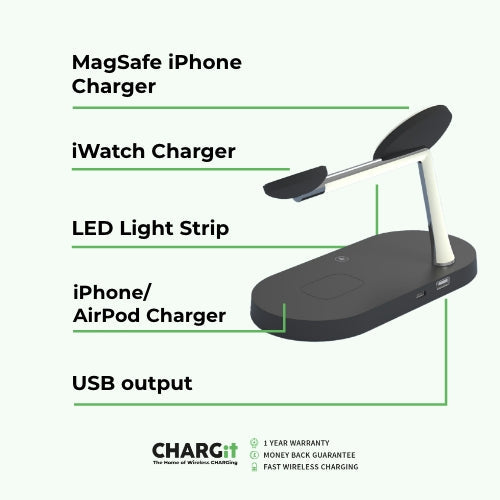 Norvo | 4-i-1 Trådløs Ladestasjon - Magnetisk Qi-lader for Telefon, Klokke & Ørepropper