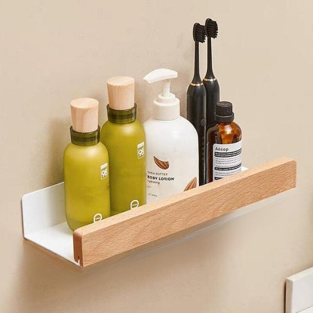 Norvo | Solid Wood Bathroom Shelf – No-Drill Veggmontert Badeorganisator