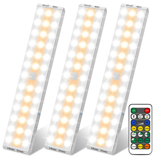 Norvo | Alivation 38 LED skapelys, under skapbelysning batteridrevne lys med fjernkontroll trådløse, 1500Mah batteridrevne lys, USB-ladbare bevegelsessensorlys innendørs, dimbare - 3 pakker