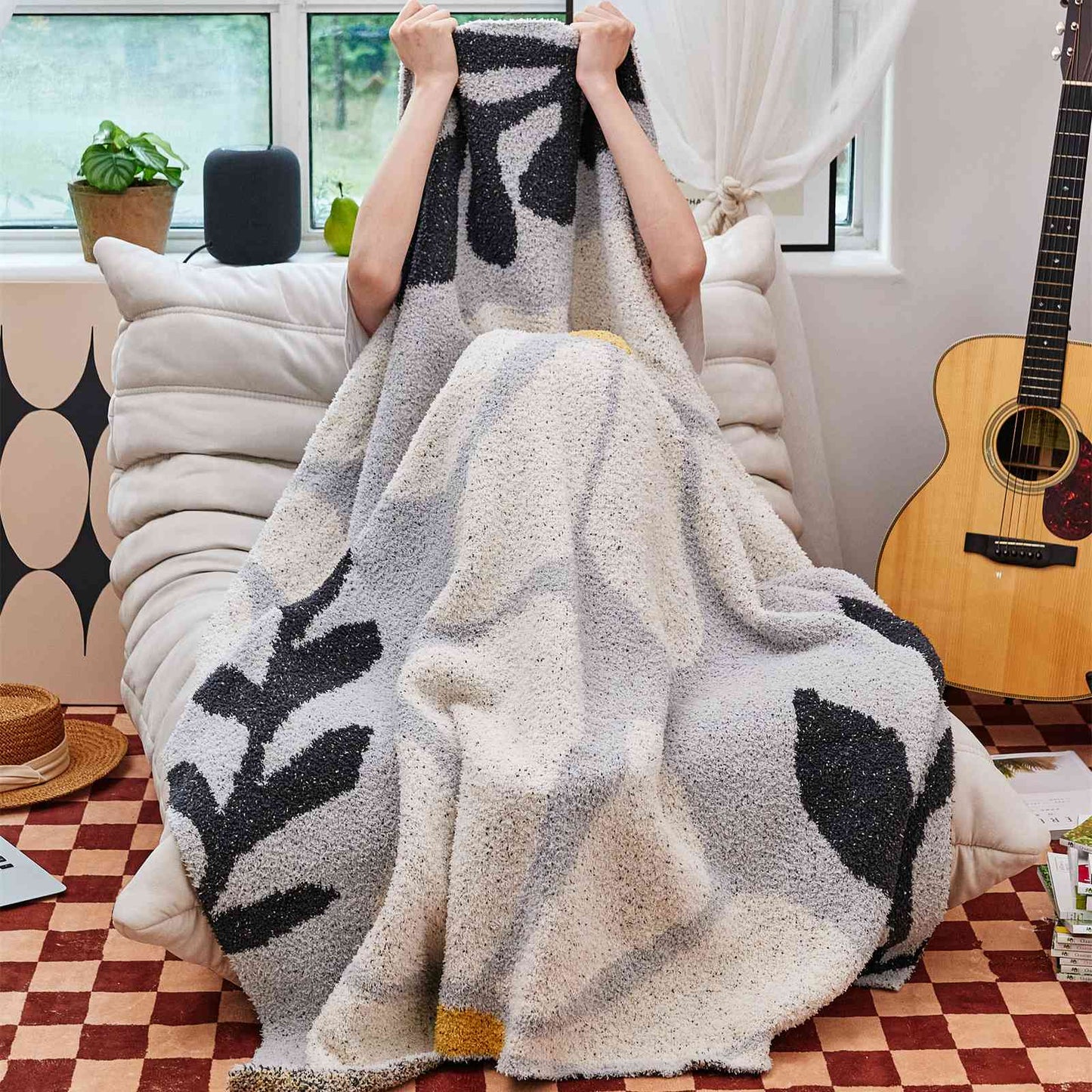 Norvo | Boho Blomst Blader Mikrofiber Strikket Teppe - Myk, Koselig, og Dekorativ