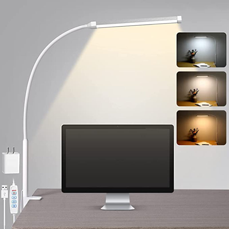 Norvo | LED Skrivebord Lampe med Lampe, øyevennlige Klips-Lys for Hjemmekontoret, 3 Moduser 10 Lysstyrkenivåer, lang fleksibel Gåsehals, Metall, Svingarm Arkitekt Oppgave Skrivebord Lamper med USB Adapter, Hvit