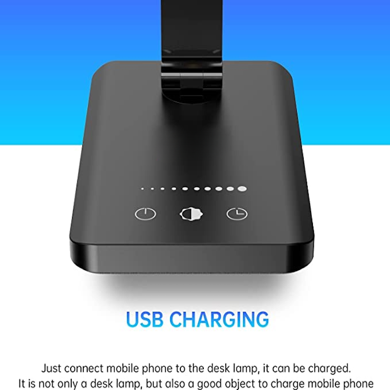 Norvo | LED skrivebordslampe med USB-ladeport, dimbar øyevennlig leselampe for hjemmet, med 5 lysstyrkenivåer & 3 lysmoduser, berøringskontroll, autotimer (Svart)