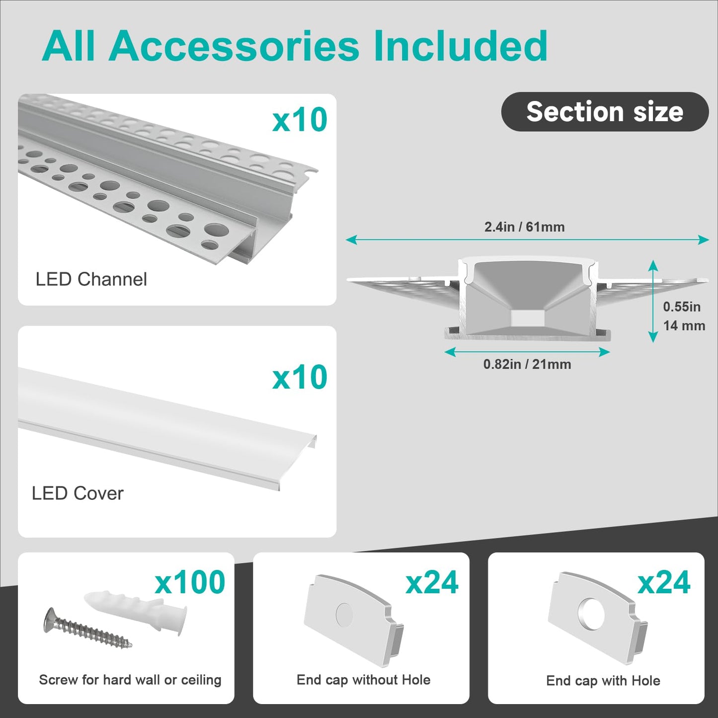 Norvo | Hunhun 10-Pack 6.6Ft Led Aluminium Kanal Med Diffuser, Trimless Innfelt Belysning, Sølv