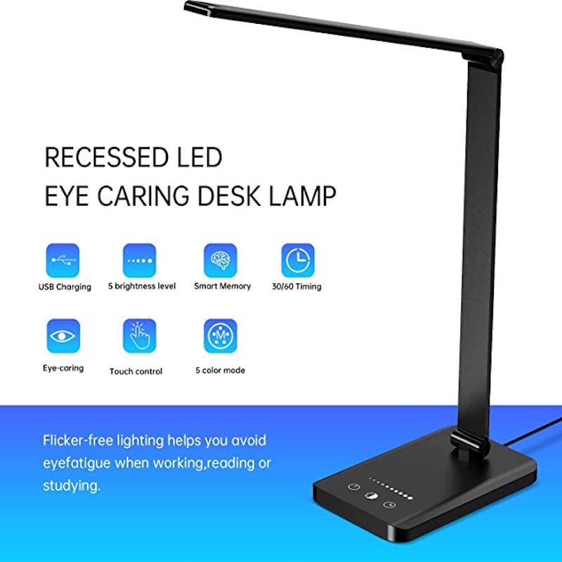 Norvo | LED skrivebordslampe med USB-ladeport, dimbar øyevennlig leselampe for hjemmet, med 5 lysstyrkenivåer & 3 lysmoduser, berøringskontroll, autotimer (Svart)