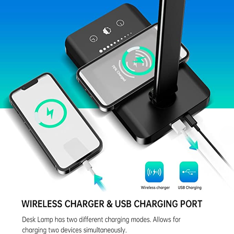 Norvo | LED skrivebordslampe med USB-ladeport, dimbar øyevennlig leselampe for hjemmet, med 5 lysstyrkenivåer & 3 lysmoduser, berøringskontroll, autotimer (Svart)