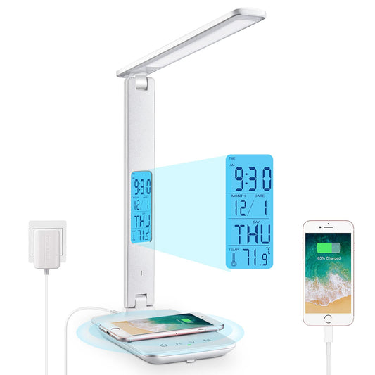 Norvo | Laopao Skrivebordslampe, Led Skrivebordslampe Med Trådløs Lader, Usb Ladeport, Justerbar Sammenleggbar Bordlampe Med Klokke, Alarm, Dato, Temperatur, 5-Nivå Dimmbar Belysning, Kontorlampe Med Adapter