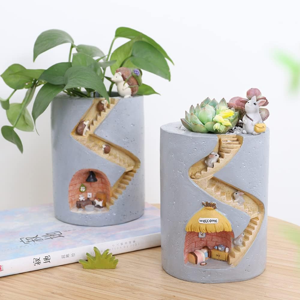 Norvo | Decorative plant pot with hedgehog and rabbit miniature – Creative staircase design for plants