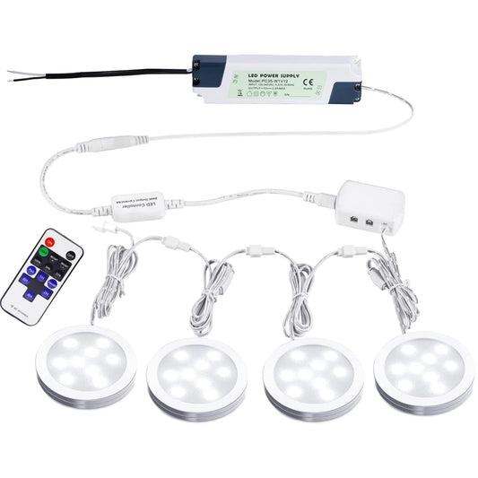 Norvo | Aiboo Linkbare Led Under Skap Lys Hardwired 12V Slim Aluminium Dimmbar Puck Lys Med Fjernkontroll For Skapbelysning (4 Lys, Dagslys Hvit, Ingen Veggkontakt)