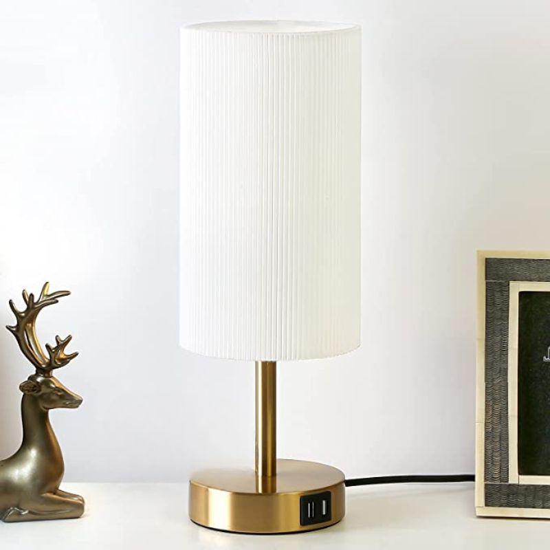 Norvo | Lampe med USB-tilkobling Berøringskontroll Bordlampe for Soverom Tre 3-trinns dimbar Sengelampe med Rund Linestoffskjerm for Stue, Studenthybel, Hjemmekontor
