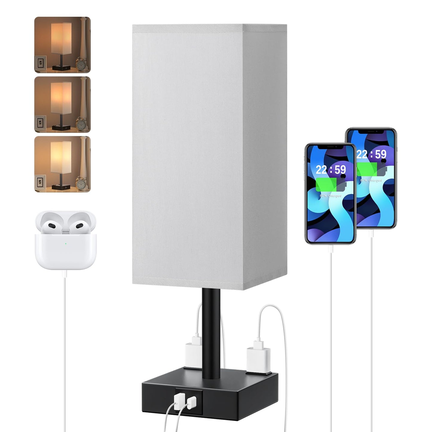 Norvo | Touch Nattbord lampe for nattbord - 3-trinns dimbar nattlampe med USB A + Type C ladeporter og to AC-utganger, liten