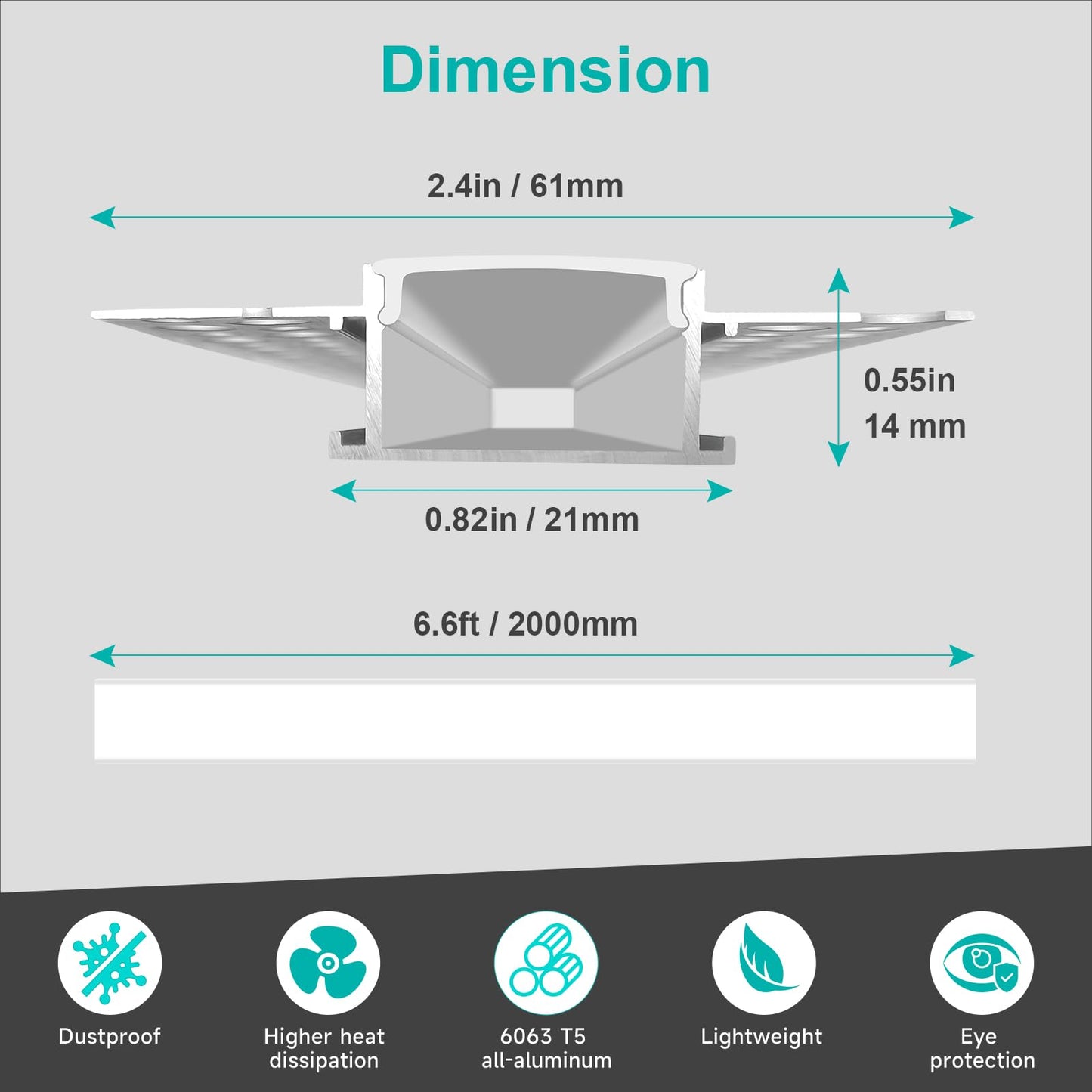 Norvo | Hunhun 10-Pack 6.6Ft Led Aluminium Kanal Med Diffuser, Trimless Innfelt Belysning, Sølv