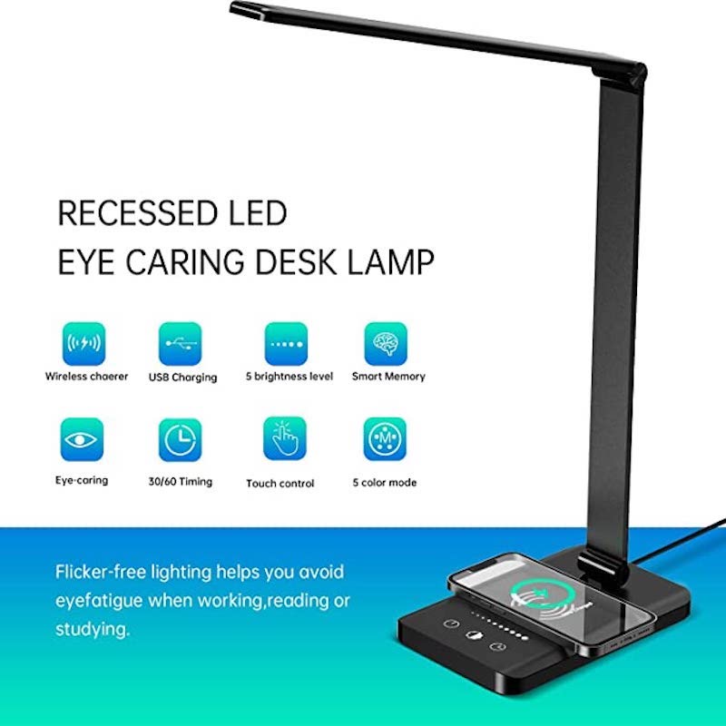 Norvo | LED skrivebordslampe med USB-ladeport, dimbar øyevennlig leselampe for hjemmet, med 5 lysstyrkenivåer & 3 lysmoduser, berøringskontroll, autotimer (Svart)