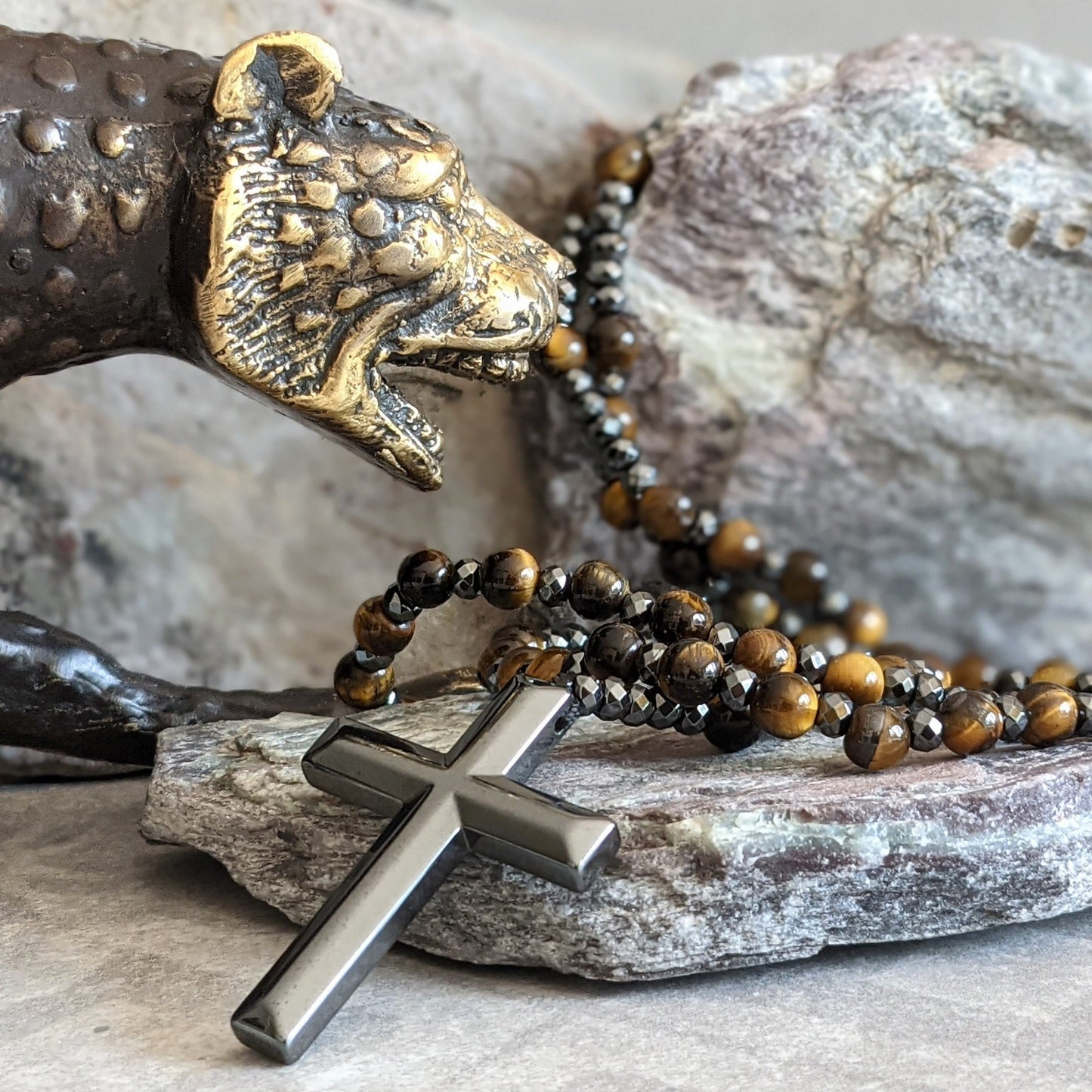 Norvo | Tiger Eye Og Lapis Lazuli Kors Rosary Halskjede For Menn - Orion