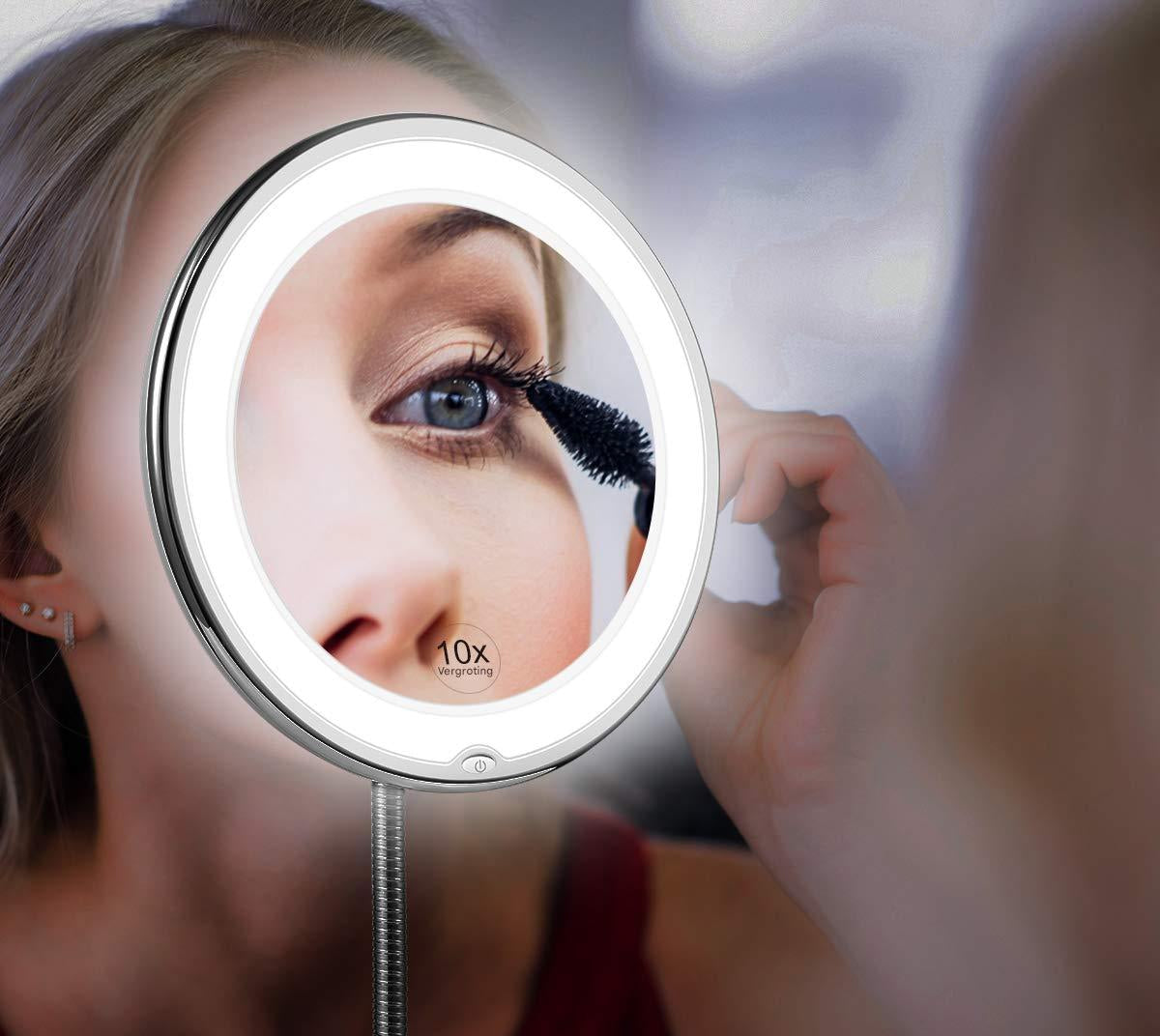 Norvo | Claravue LED Forstørrelsesspeil med Fleksibel Gåsehalebrakett – 10x Zoom, Dagslys LED-er & Sugefeste