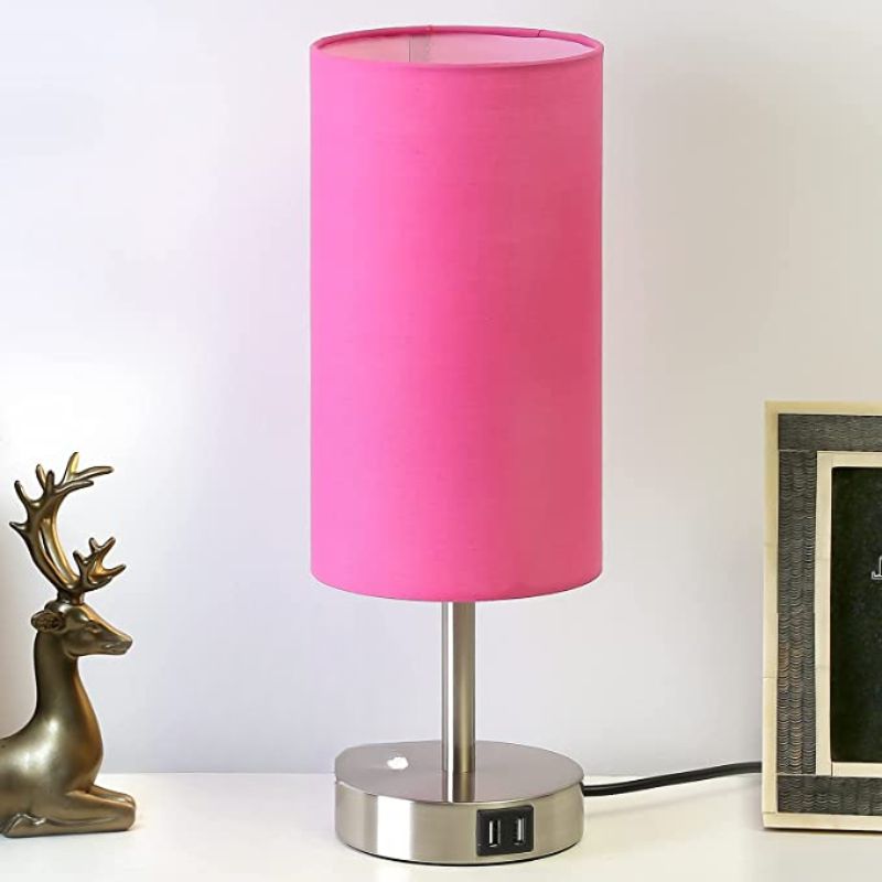 Norvo | Lampe med USB-tilkobling Berøringskontroll Bordlampe for Soverom Tre 3-trinns dimbar Sengelampe med Rund Linestoffskjerm for Stue, Studenthybel, Hjemmekontor
