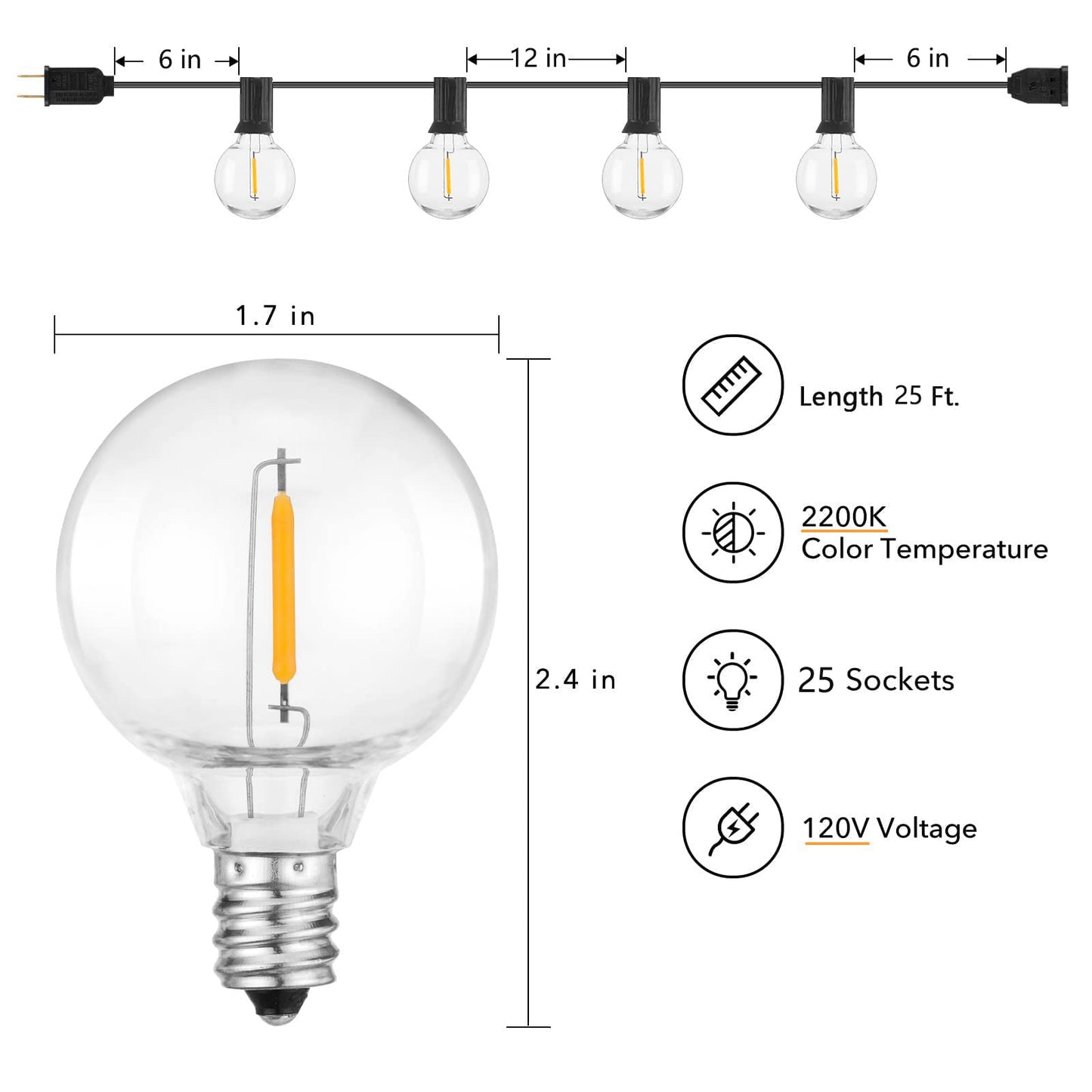 Norvo | Brightown 25Ft Utendørs Lyskæder, 27 G40 Led, Bruddsikker, Vanntett, Svart Ledning