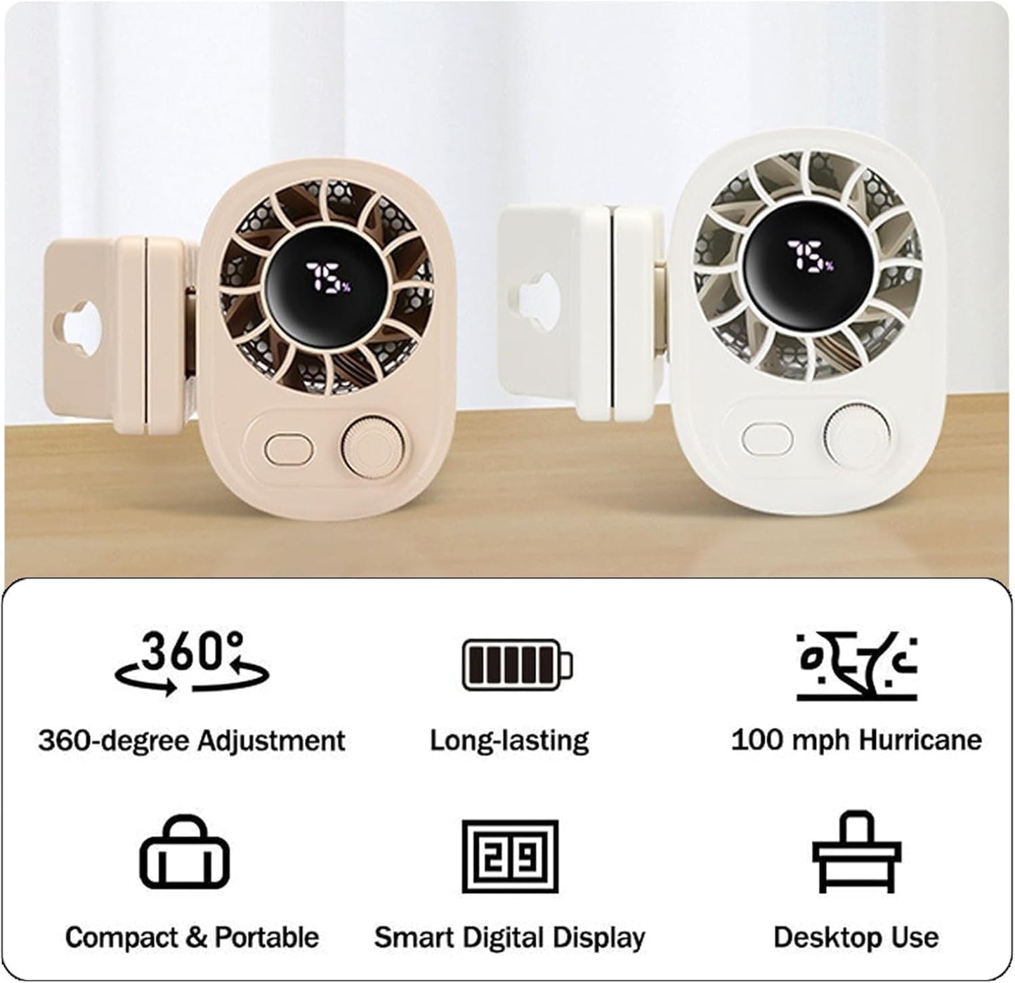 Norvo | Bærbar bilklipsvifte – 360° roterende USB-oppladbar mini-vifte med klemme