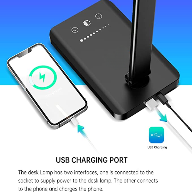 Norvo | LED skrivebordslampe med USB-ladeport, dimbar øyevennlig leselampe for hjemmet, med 5 lysstyrkenivåer & 3 lysmoduser, berøringskontroll, autotimer (Svart)