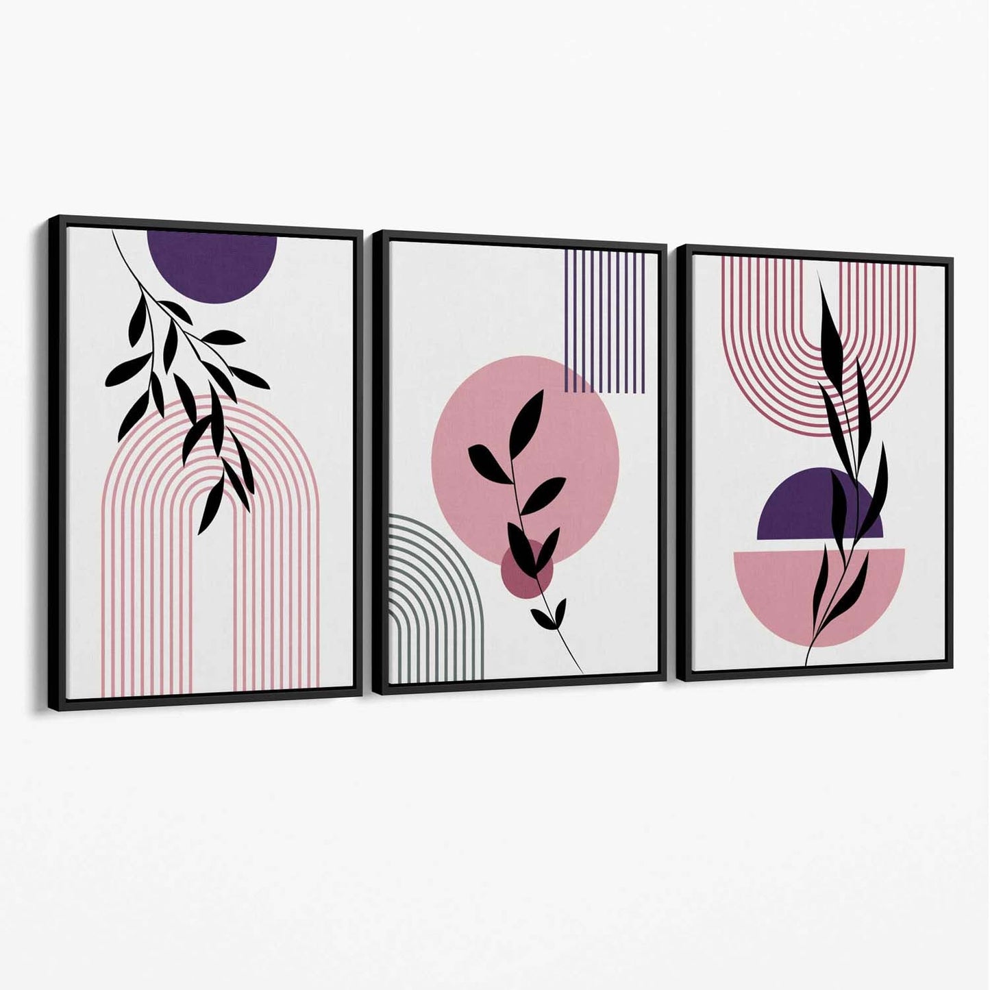 Norvo | Sett med 3 Rosa og Lilla Boho Blomster Bue Lerret Kunsttrykk