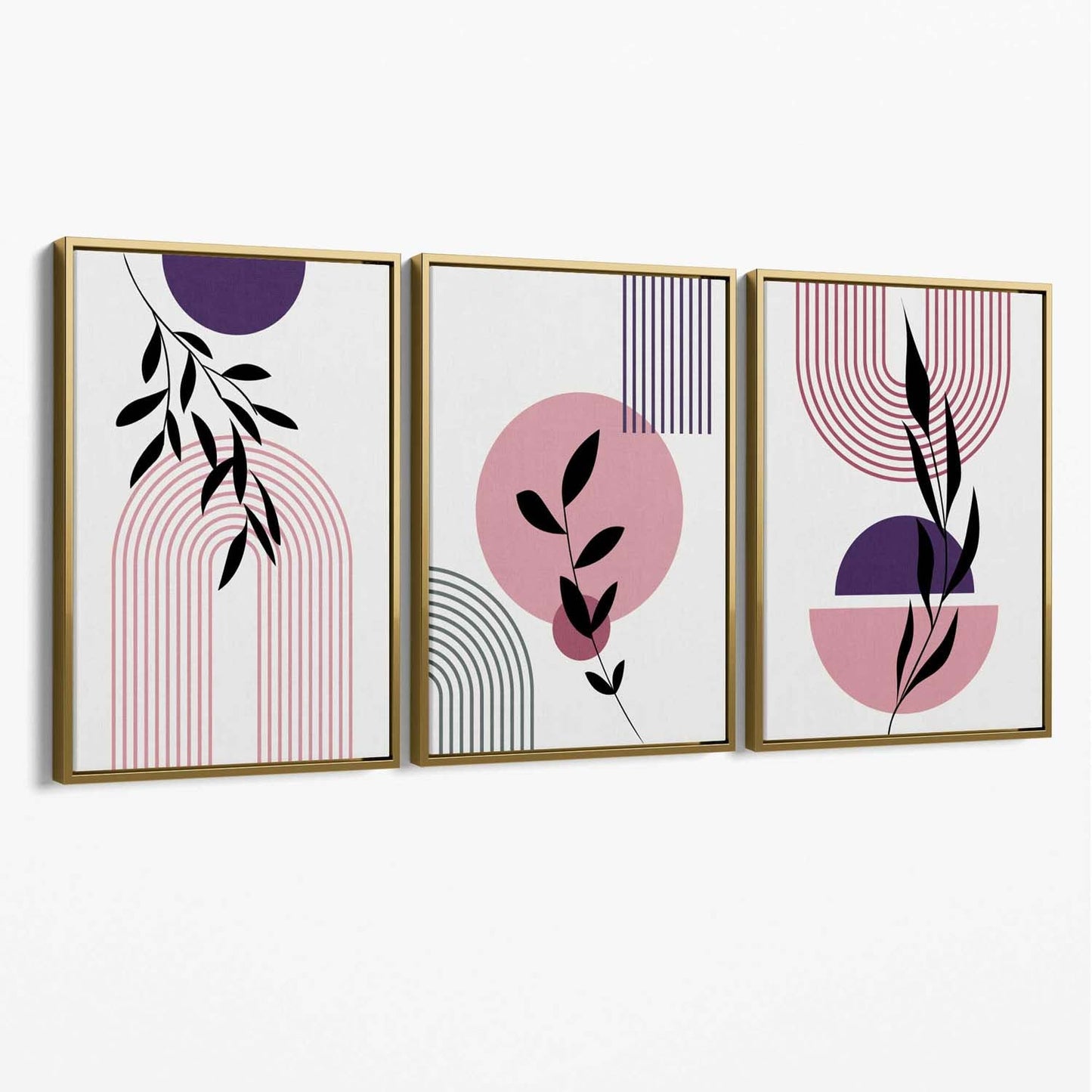 Norvo | Sett med 3 Rosa og Lilla Boho Blomster Bue Lerret Kunsttrykk