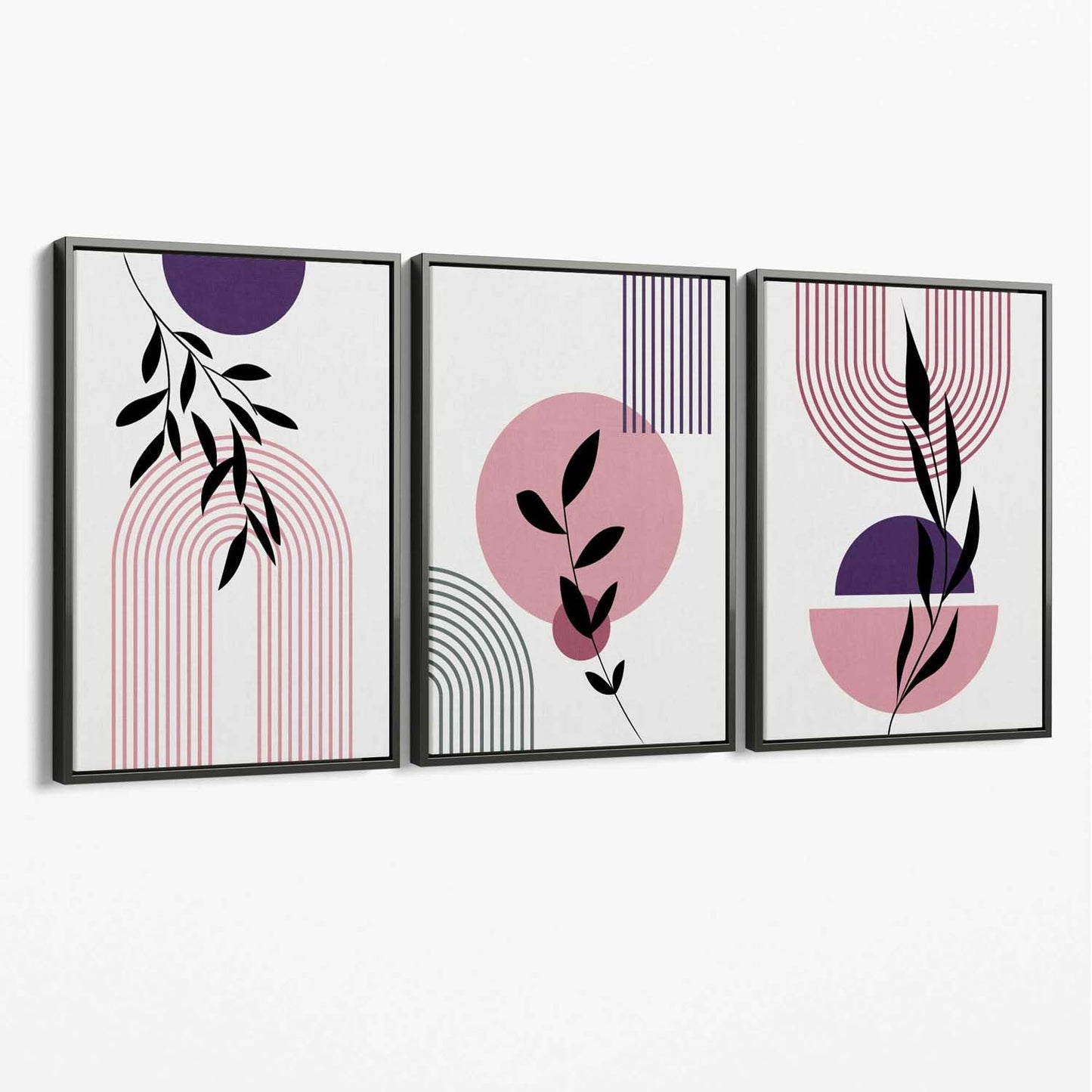 Norvo | Sett med 3 Rosa og Lilla Boho Blomster Bue Lerret Kunsttrykk