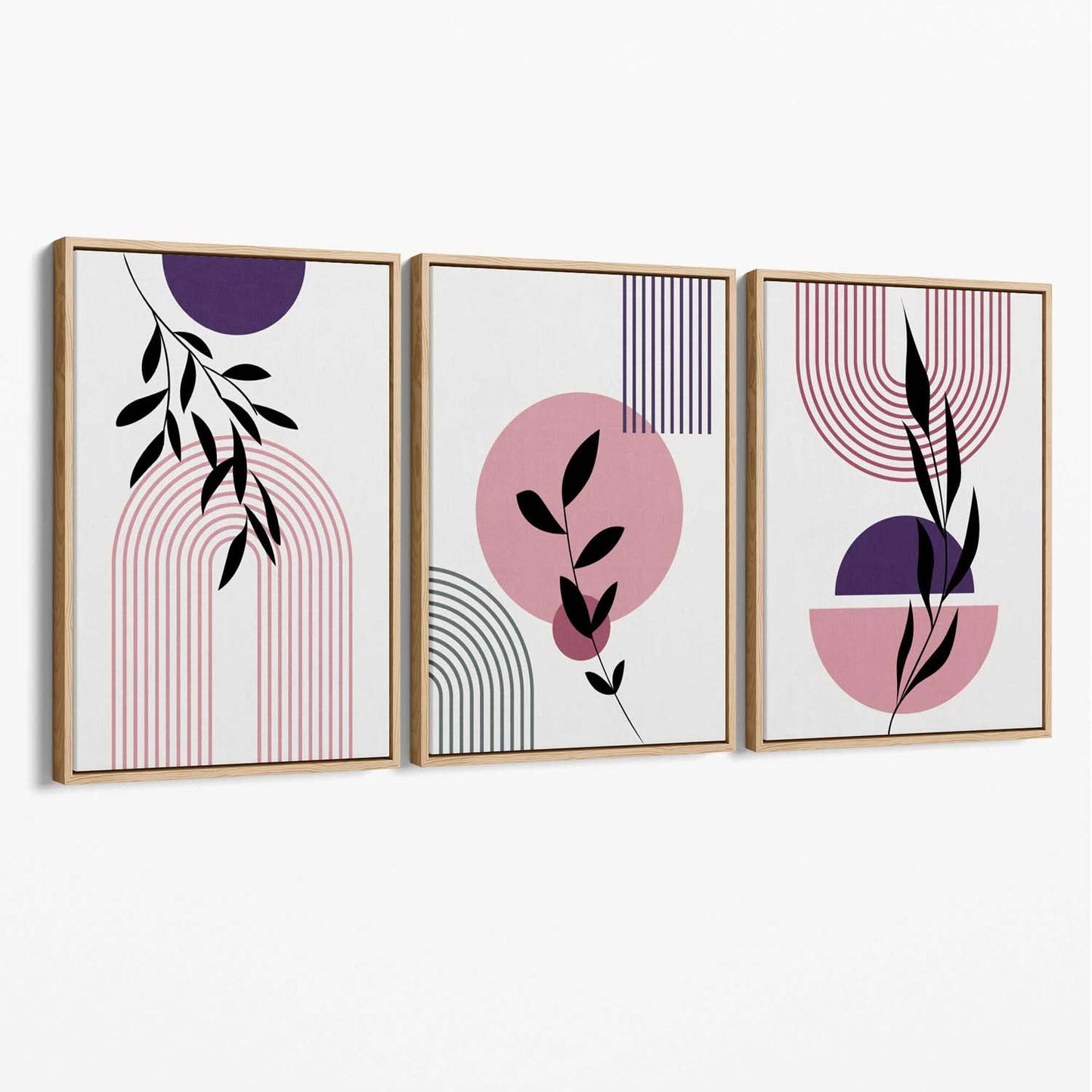Norvo | Sett med 3 Rosa og Lilla Boho Blomster Bue Lerret Kunsttrykk