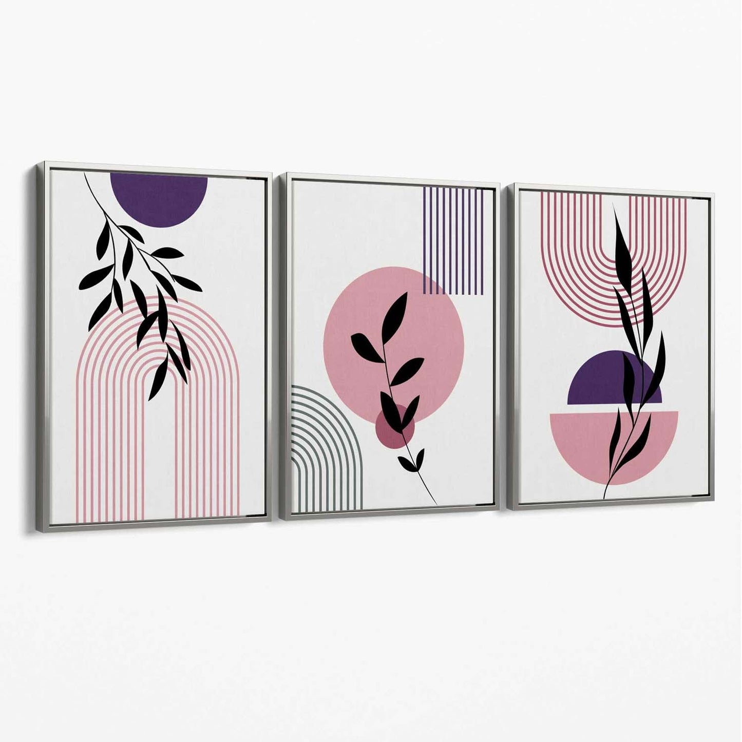 Norvo | Sett med 3 Rosa og Lilla Boho Blomster Bue Lerret Kunsttrykk