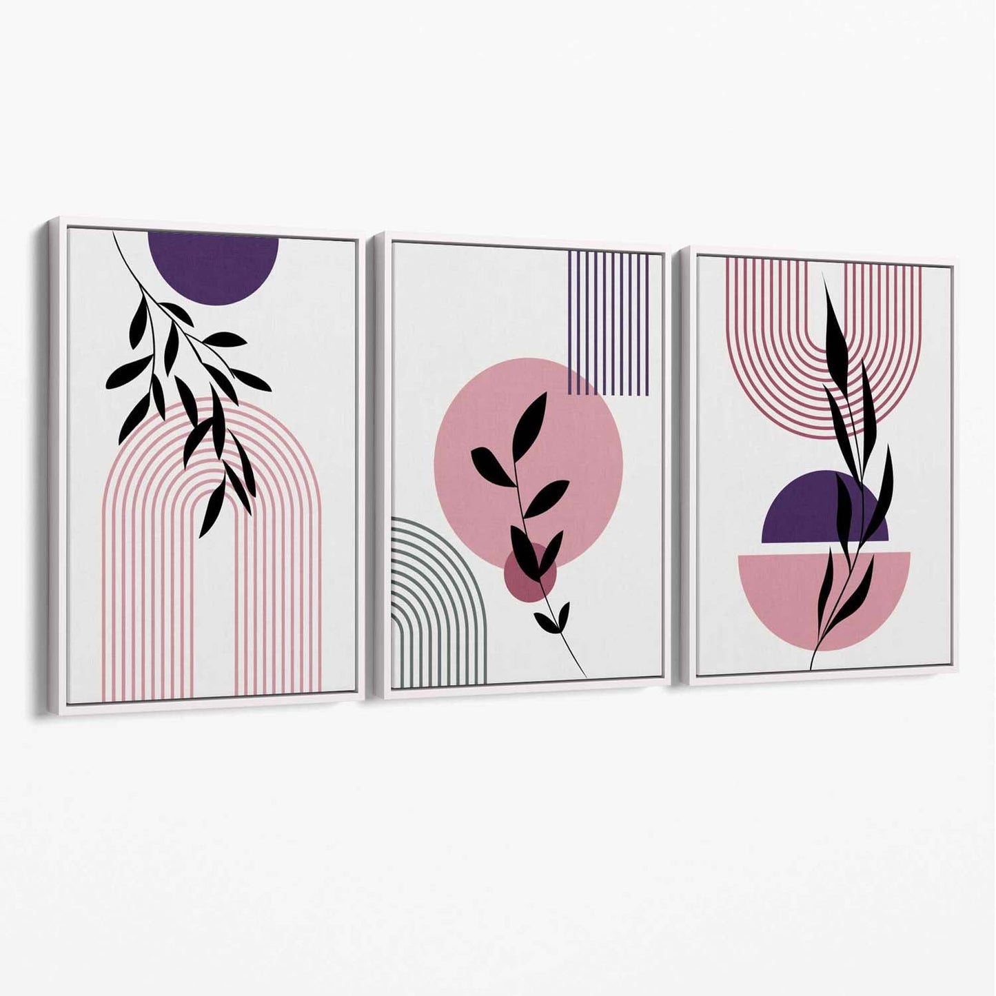 Norvo | Sett med 3 Rosa og Lilla Boho Blomster Bue Lerret Kunsttrykk