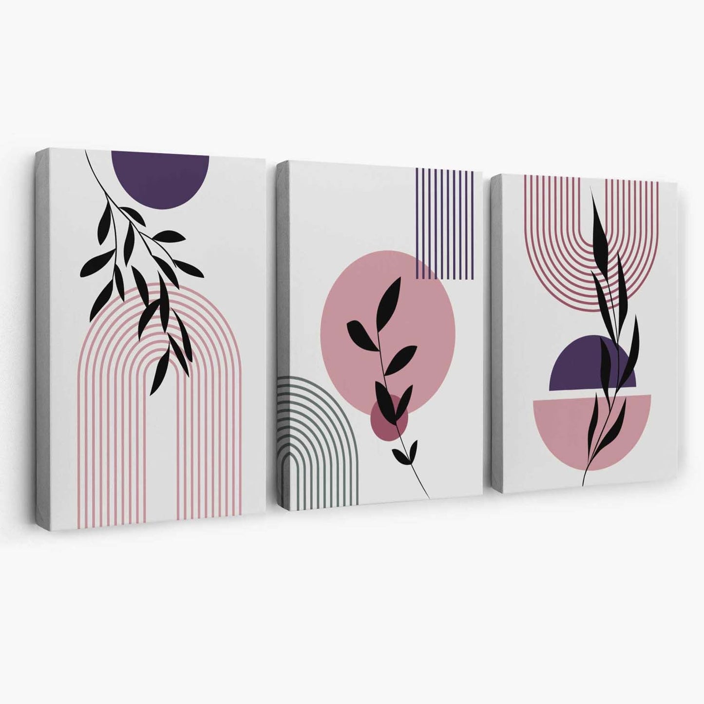 Norvo | Sett med 3 Rosa og Lilla Boho Blomster Bue Lerret Kunsttrykk