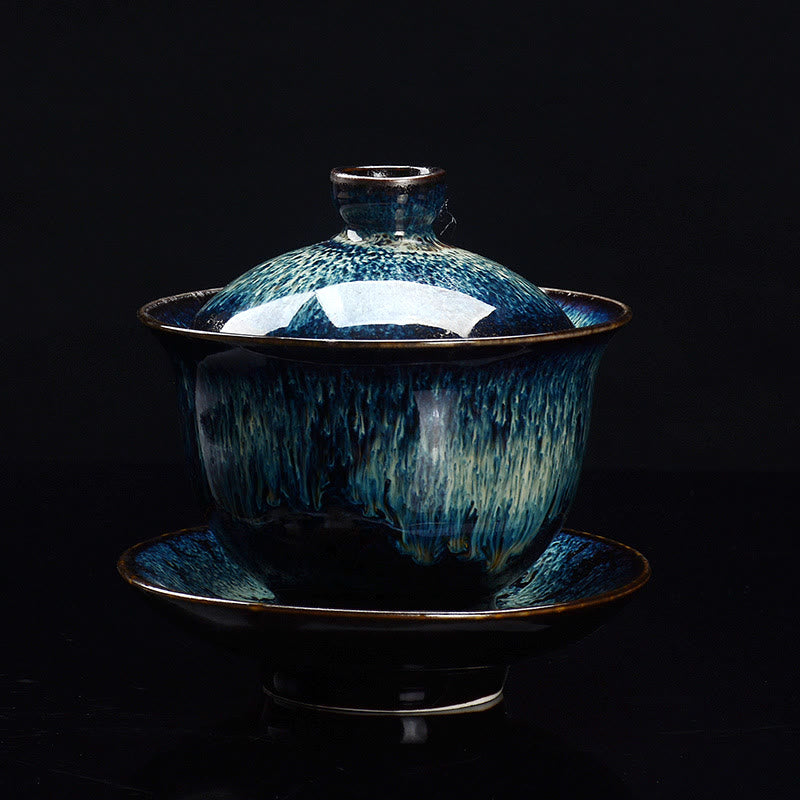 Norvo | Vintage Brennovn Keramisk Gaiwan Sancai Tekopp Tekopp og Tallerken med Lokk