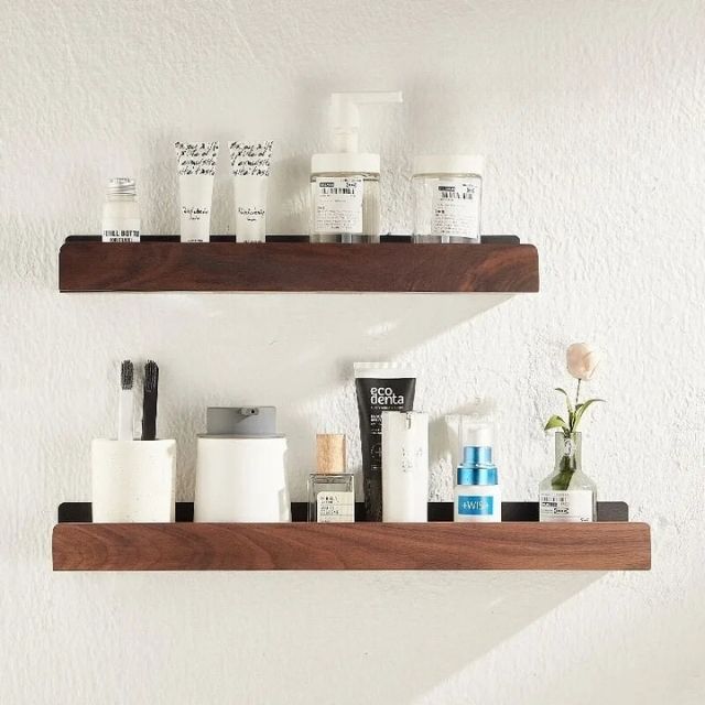 Norvo | Solid Wood Bathroom Shelf – No-Drill Veggmontert Badeorganisator