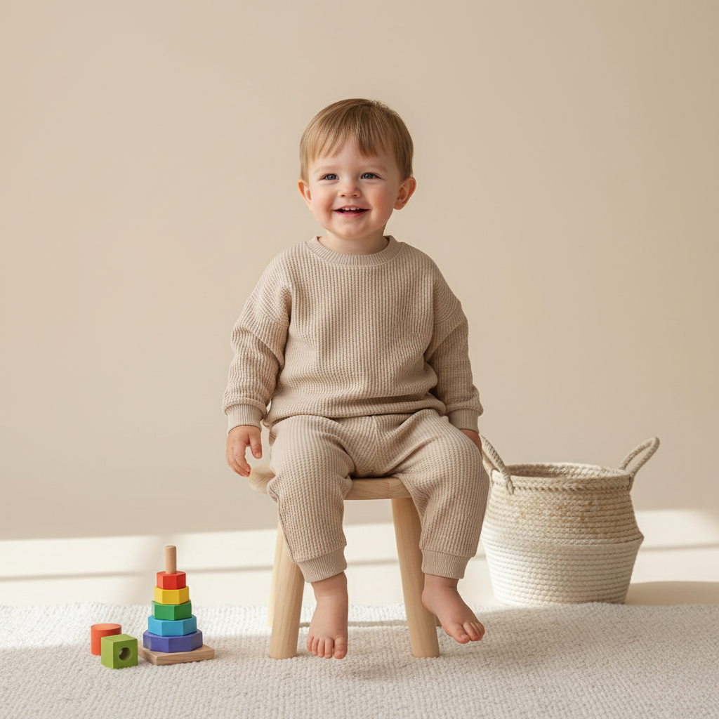 Norvo | Cozy Waffle Cotton Sweatshirt og Bukser Sett for Baby Gutter