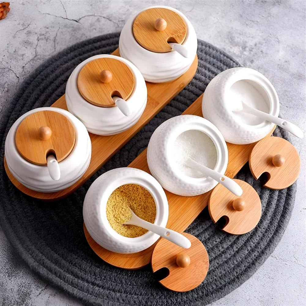 Norvo | Elegant keramisk oppbevaringskrukke sett med bambusbrett