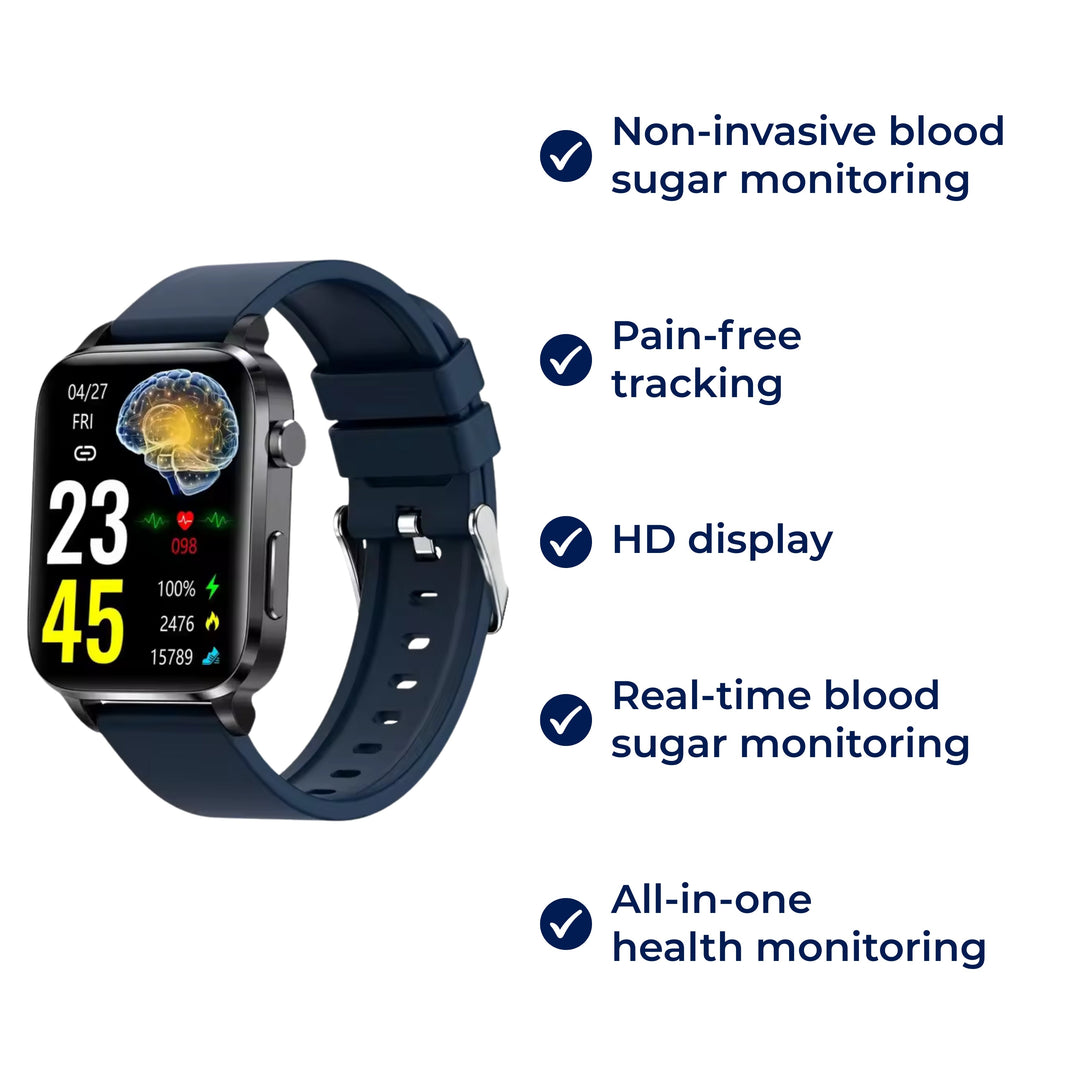 GlucoWell | Ikke-invasiv diabetes-smartklokke – Blodsukkermåler – HD-skjerm – Smertefri glukoseovervåking for voksne Norvo
