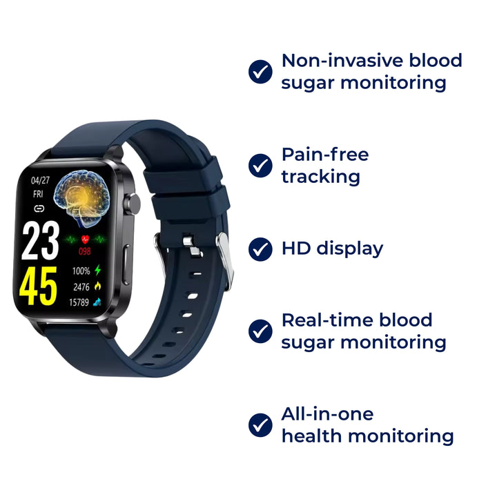 GlucoWell | Ikke-invasiv diabetes-smartklokke – Blodsukkermåler – HD-skjerm – Smertefri glukoseovervåking for voksne Norvo