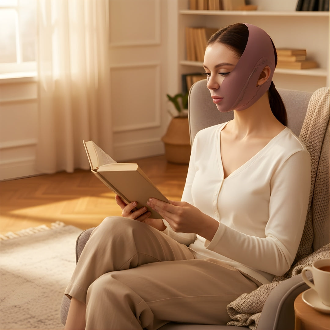 Kjevelinjeskulpturering – Pustende stretchstoff – Løfter hengende hud – Fester og definerer V-linje ansiktsskolv