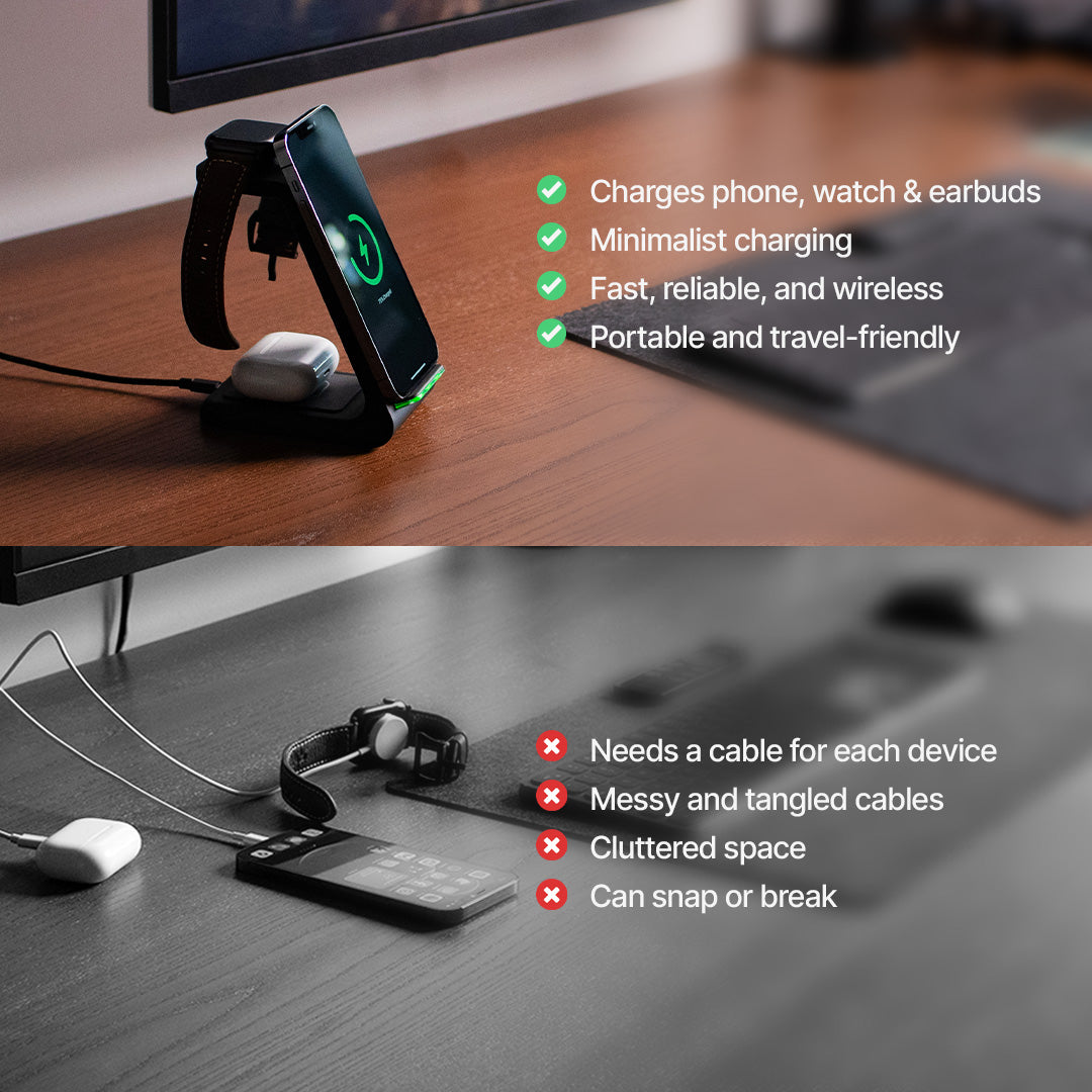 Norvo | 3-i-1 Trådløs Lade Stasjon | Apple, Samsung, Klokke, AirPods | Rask Lades løsning