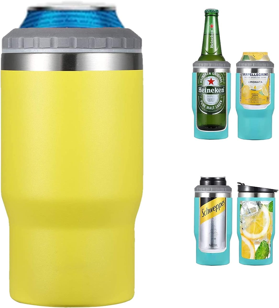 Norvo | 4 i 1 rustfritt stål boks/flaske isolator, 14Oz toveis lokk SUS isolert boks kjøler, ølboksholder (Svart)