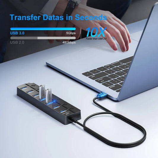 Norvo | 7-Port USB 3.0 Hub med Strømbryter – PortMaster (1+1 GRATIS)