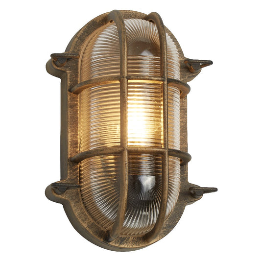 Norvo | Antikk Messing & Ribbet Glass Utendørs Vintage Oval Overflater Lampe Vegglampe 248mm