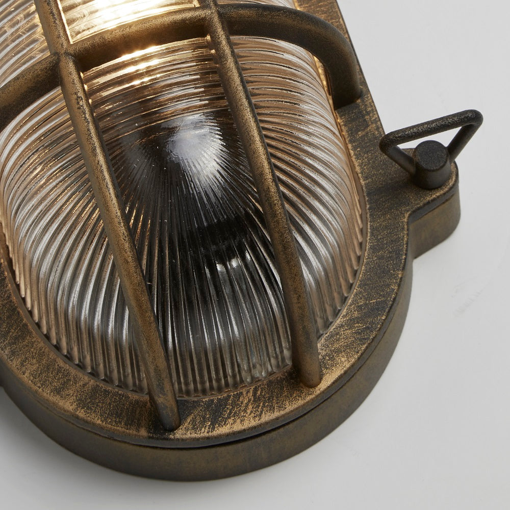 Norvo | Antikk Messing & Ribbet Glass Utendørs Vintage Oval Overflater Lampe Vegglampe 248mm