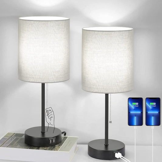 Norvo | Bordlampe sett av 2 med USB ladeporter, grå nattbordlamper med AC-utgang, nattbordlamper med trekkbryter, minimalistiske moderne skrivebordslamper med tekstilskjerm for stue soverom kontor