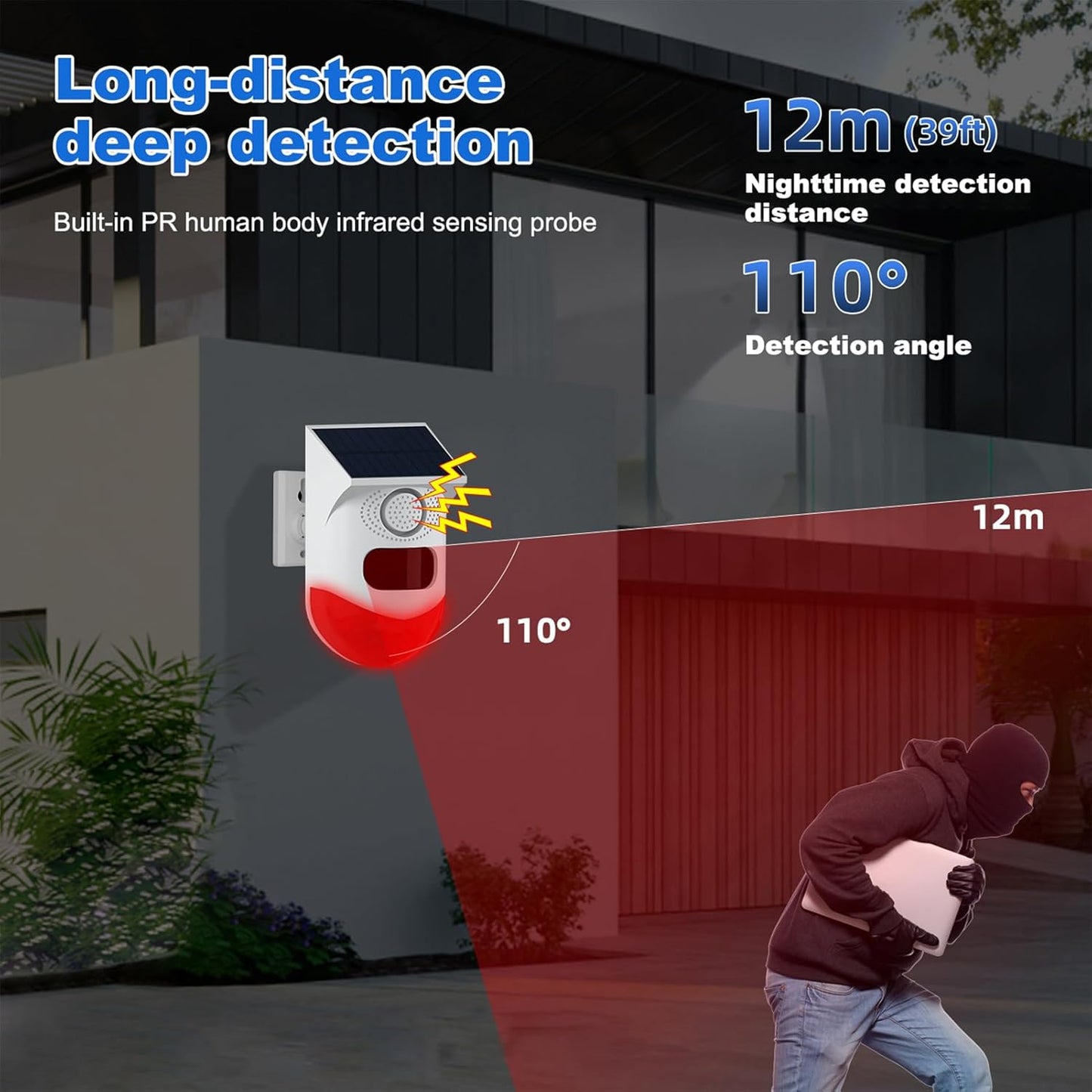 Norvo | Solbevegelsessensoralarm med 120dB sirene og LED strobe – Feronix