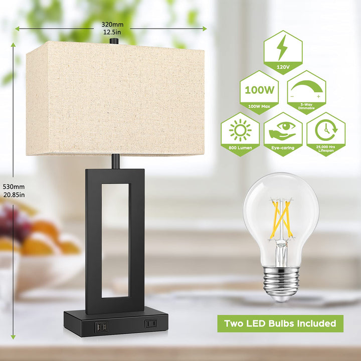 Norvo | Tobusa Set Of 2 Touch Control Table Lamps With Usb Ports, 3-Way Dimmable, Beige Shade