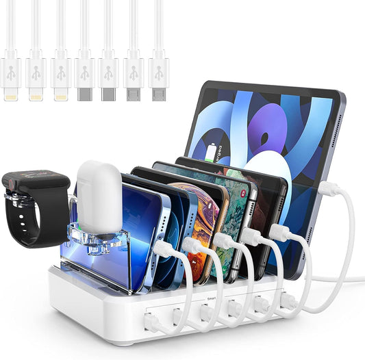 Norvo | 6-ports flere enheter hurtigladerstasjon organizer med smart IC & kabelsett
