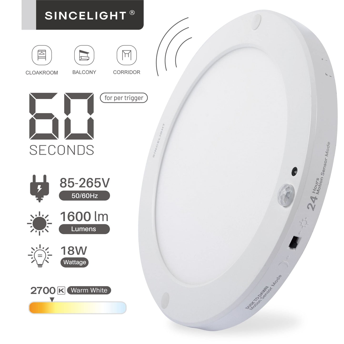Norvo | Sincelight Pir Led Bevegelsessensor Taklampe, 18W Ultrathin, Varm Hvit, Skumringslys