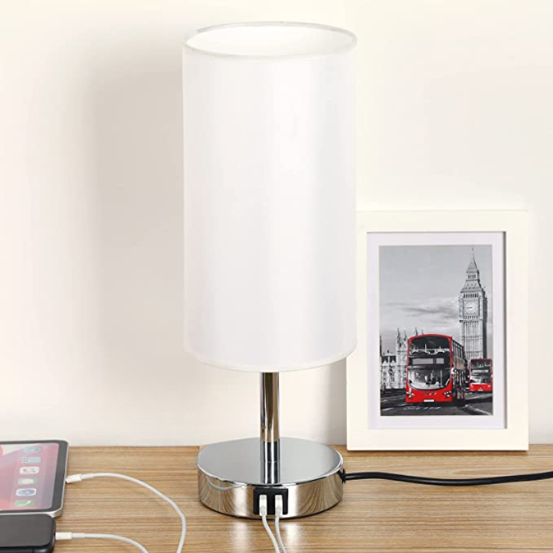 Norvo | Lampe med USB-tilkobling Berøringskontroll Bordlampe for Soverom Tre 3-trinns dimbar Sengelampe med Rund Linestoffskjerm for Stue, Studenthybel, Hjemmekontor