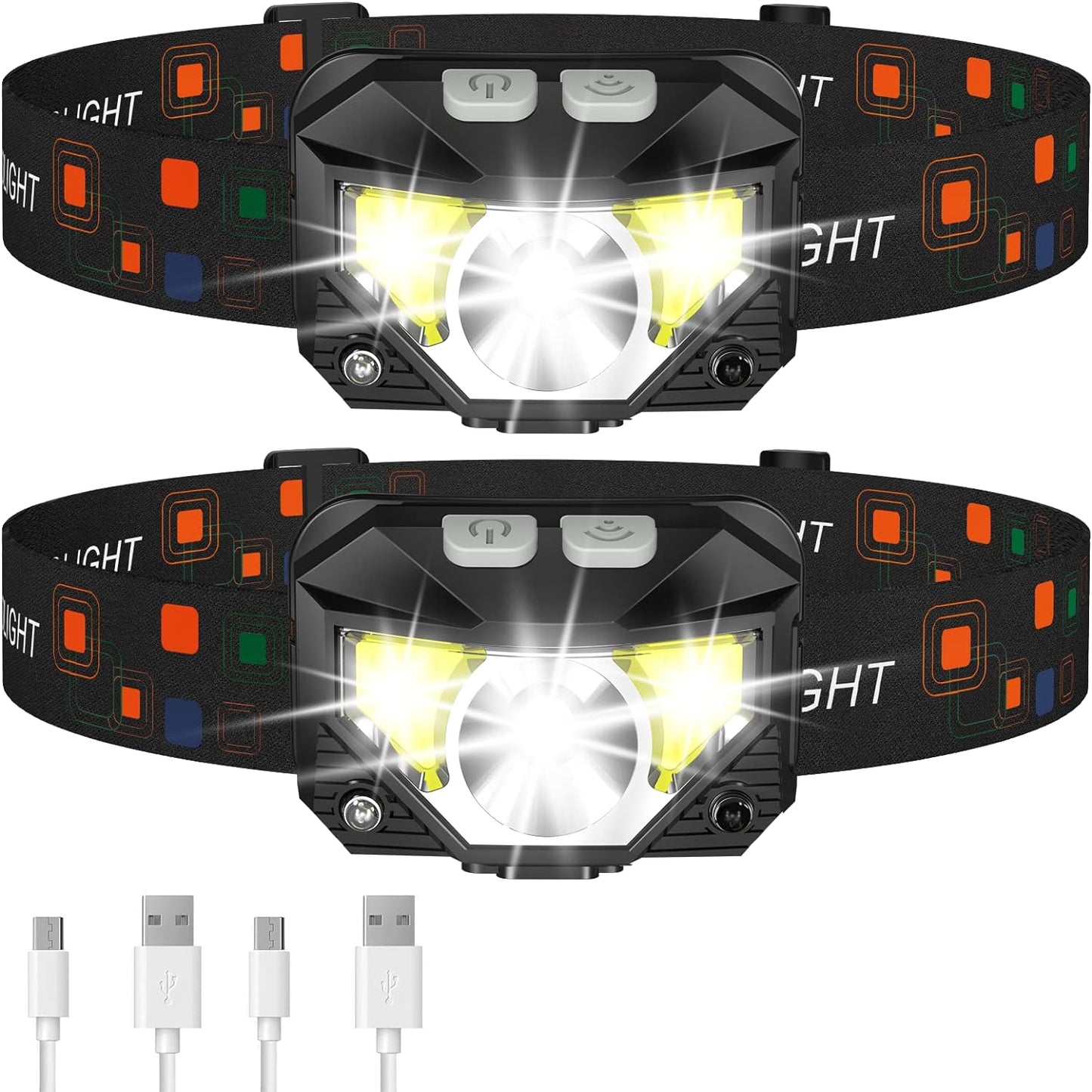 Norvo | 2-Pakning Ultra-Lys LED Oppladbar Hodelykt Lommelykt Vanntett Og Bevegelsessensor